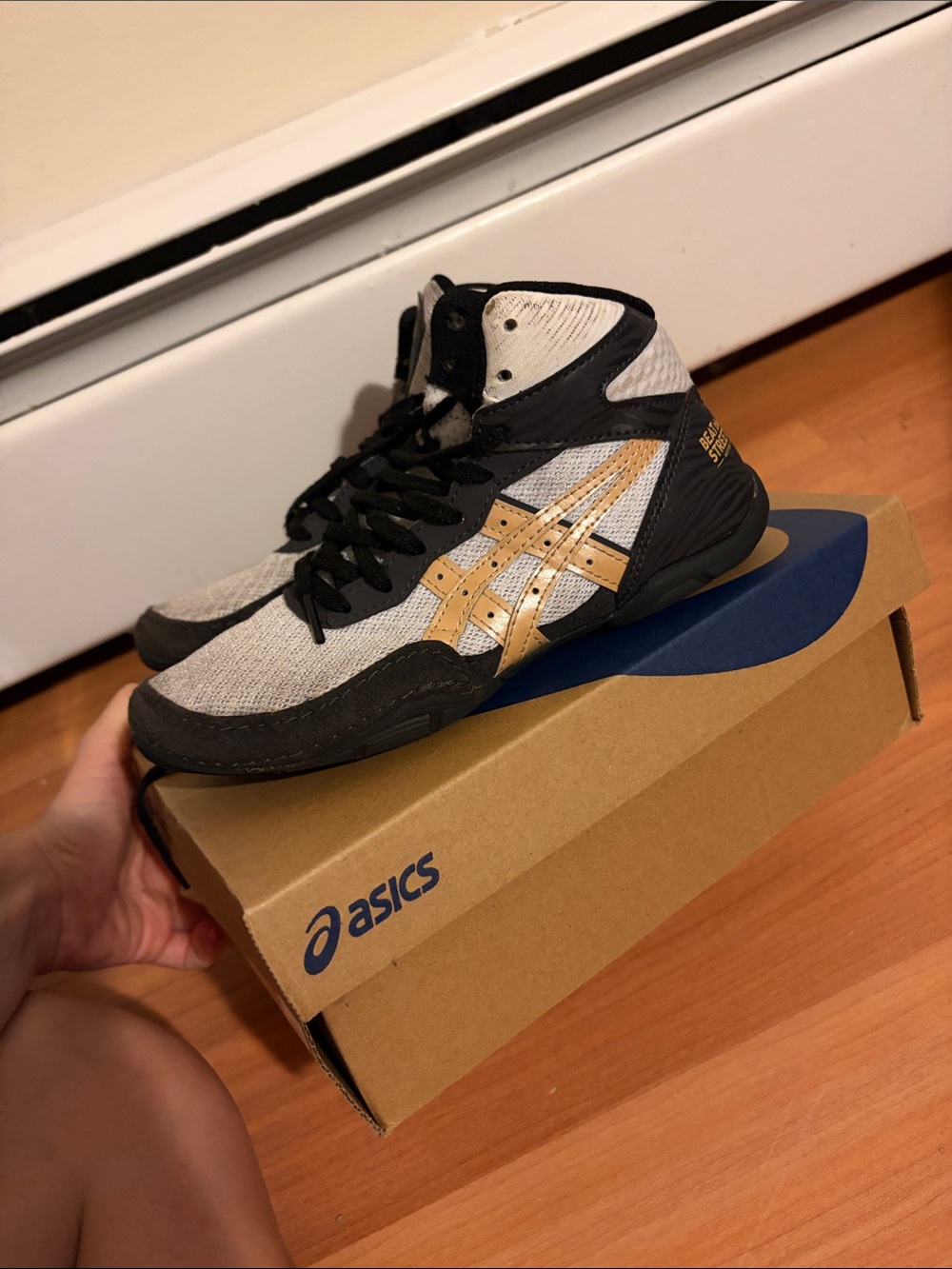 Asics Gray and Gold High-Top Wrestling Sneakers shoes